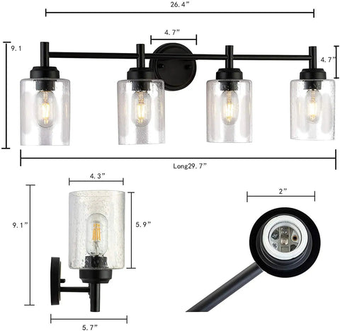 4 Light Matte Black Bathroom Vanity Light Fixture With Seeded Glass Shades, Farmhouse Style Up Down Mount, Antique Brass Accents, Dimmable With E26 Bulbs, Perfect For Rustic Modern Bath Remodel Vibe