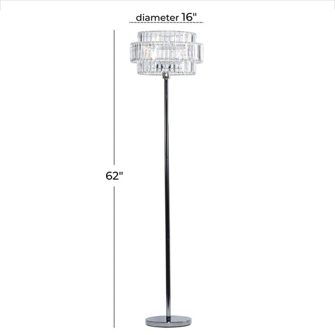 Modern Silver Metal Floor Lamp With Crystal Embellishments, Tall 62 Inch Stand, Acrylic Glass Shade, Contemporary Living Room Lighting