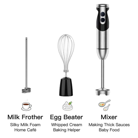 Badass 3-In-1 Hand Blender Combines Immersion Mixer Electric Whisk And Milk Frother With 12-Speed Dial BPA-Free Stainless Steel Shaft, featuring milk frother, egg beater, and immersion mixer.