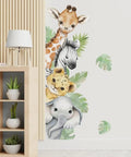 Jungle Safari Animal Wall Decals Set With Watercolor Elephants Lions Monkeys Kid Friendly Sticker Kit for nursery walls.