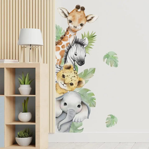 Jungle Safari Animal Wall Decals Set With Watercolor Elephants Lions Monkeys Kid Friendly Sticker Kit for nursery walls.