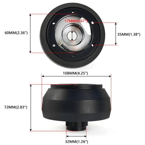 Front and side view of a 125H Aluminum 6 Hole Short Hub Steering Wheel Adapter Kit Direct Bolt-On Base Connection.