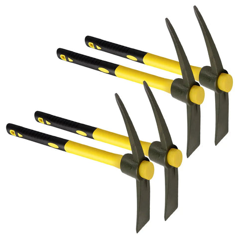 Set of four Double Headed Pick Mattock Hoe 15-Inch Garden Tools with forged steel heads and yellow fiberglass handles.