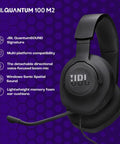 Wired Over Ear Gaming Headset With Detachable Microphone Mute Option And Fabric Covered Memory Foam Ear Cushions For All Platforms Immersive Quantum Sound Signature For Pro Gamers And Casual Streams on display against a purple background with feature highlights
