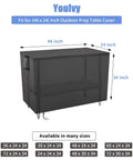 Outdoor Prep Table Cover 48 Inch Waterproof UV Resistant Fadeproof Patio Table Shield For Stainless Steel BBQ Grills And Outdoor Tables All Season Protection Fits 48 By 24 By 35 Inches covering a large prep table with size labels showing compatibility.