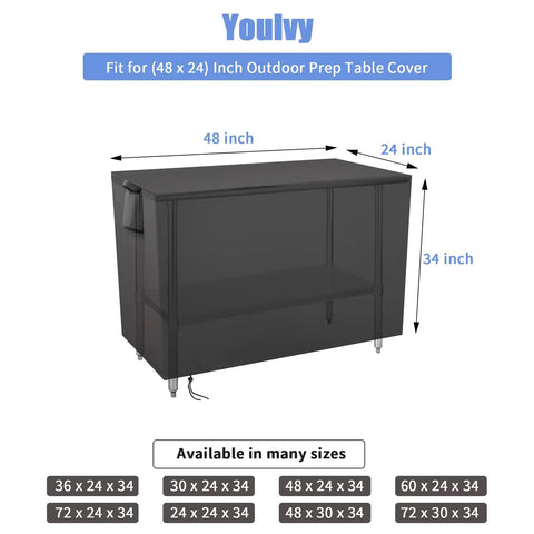 Outdoor Prep Table Cover 48 Inch Waterproof UV Resistant Fadeproof Patio Table Shield For Stainless Steel BBQ Grills And Outdoor Tables All Season Protection Fits 48 By 24 By 35 Inches covering a large prep table with size labels showing compatibility.