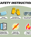 Safety instructions for Ultra Strong Instant Glue With Activator Set, showing mask, gloves, glasses, ventilation, sunlight, flames.