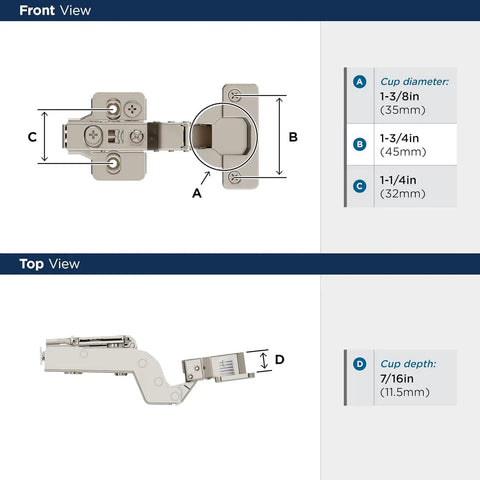 Hardcore Soft Closing Concealed Cabinet Hinges Pair For Frameless Doors Direct Mount Full Inset Build dimensions with cup sizes detailed.