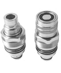 Front view of two chrome Mikoda hydraulic flat-face quick-connect couplers, male and female, 46mm thread