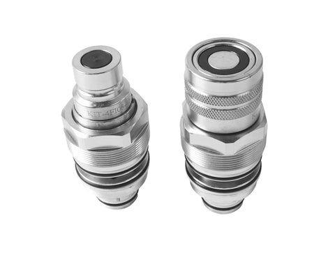 Front view of two chrome Mikoda hydraulic flat-face quick-connect couplers, male and female, 46mm thread