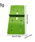 Front view of 35mm Hinge Template Router Jig for Cabinets Drawers and Furniture Doors with dimensions, green color, plastic material.