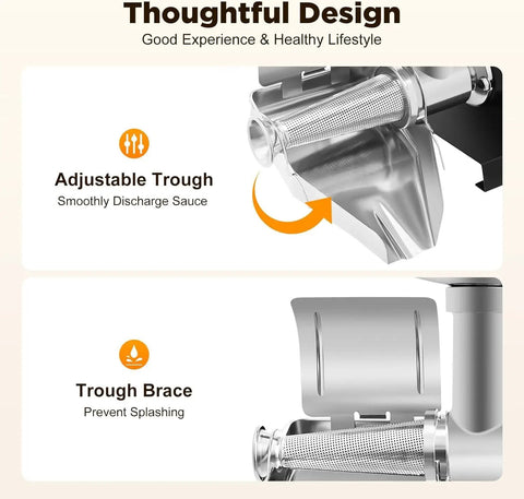 Heavy Duty Electric Tomato Strainer 450W Stainless Steel Sauce Maker adjustable trough design for smooth sauce discharge.
