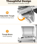 Heavy Duty Electric Tomato Sauce Maker And Fruit Strainer adjustable trough design with splash guard for smooth discharge of sauce.