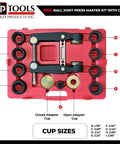 Ball Joint Press Master Kit with 10 cup sizes for Ford Dodge Ram Chevy GMC displayed in red case