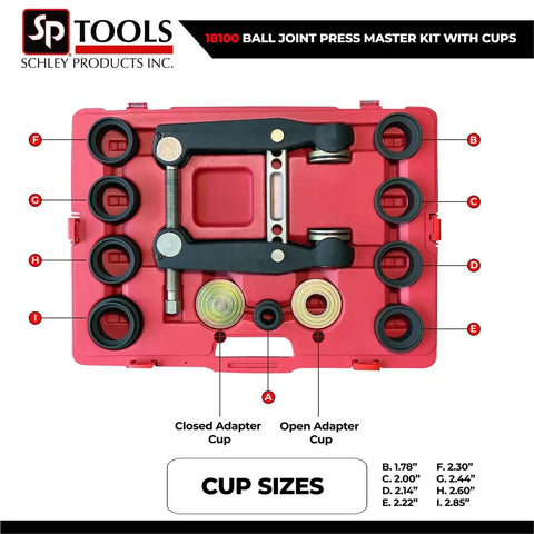 Ball Joint Press Master Kit with 10 cup sizes for Ford Dodge Ram Chevy GMC displayed in red case
