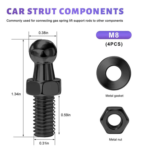 Heavy Duty 4 Pack 10mm Ball Studs For Cars With M8 Threads And One Half Inch Shank Includes Mounting Hardware Perfect For Gas Struts Lift Supports Stable Connection Car Accessories Black Finish, black carbon steel M8 ball stud with nut and washer