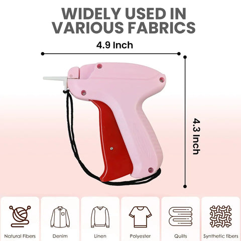 Mini Stitch Gun For No Sew Hem Fix And Button Rescue Kit, pink gun with dimensions 4.9 x 4.3 inches, fabric compatibility shown.