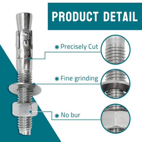 Close-up of Three Eighths Inch By Three Inch Stainless Steel Wedge Anchors For Concrete And Stone Heavy Duty Expansion Bolts