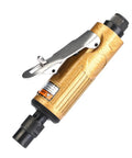 Heavy Duty Pneumatic Air Die Grinder Built Like A Badass Shop Workhorse For Crushing Steel Fabrication Tasks And Yielding Flawless Ground Edges Without Fail Professional Grade Performance, gold metal body, air tool close-up.