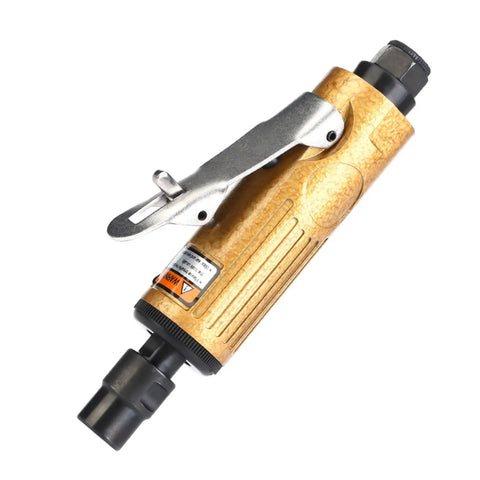 Heavy Duty Pneumatic Air Die Grinder Built Like A Badass Shop Workhorse For Crushing Steel Fabrication Tasks And Yielding Flawless Ground Edges Without Fail Professional Grade Performance, gold metal body, air tool close-up.