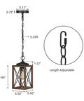 Cozy Farmhouse Pendant Light Metal Hanging Light Fixture With Wooden Grain Finish, adjustable 63-inch chain, E26 base, dimensions shown