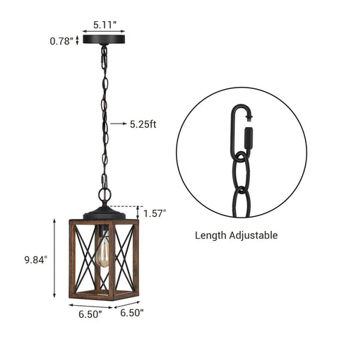 Cozy Farmhouse Pendant Light Metal Hanging Light Fixture With Wooden Grain Finish, adjustable 63-inch chain, E26 base, dimensions shown