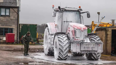 Tractor covered in foam from Touchless Heavy Equipment Cleaner One Step Detergent Soap Concentrate Foam For Construction Gear And Work Trucks No Brushing Commercial Grade Auto Foam Cleaner Dilutable Easy Rinse One Gallon