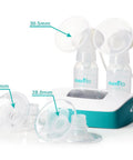 Hospital Strength Double Electric Breast Pump With Custom Suction Controls And Lowkey Quiet Motor To Keep Pumping Sessions Smooth Plus Wall Battery Car Adapter And Spare Parts Included with adjustable breast shields.