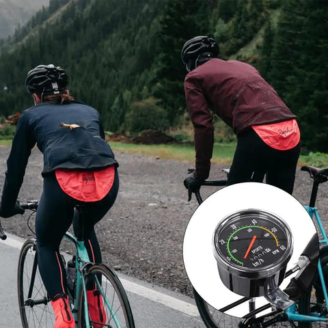 Cyclists on road with inset of Old School Mechanical Bike Speedometer And Odometer Cyclocomputer for 26 to 29 inch wheels.