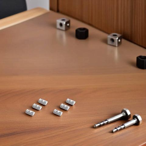 50 Pcs Premium M5 Cross Dowel Nuts Silver Carbon Steel Barrel Nut Connector Hardware on wooden table with screws and connectors
