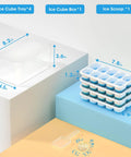 Four Pack Silicone Ice Cube Trays With Lid And Storage Bin Includes Scoop For Effortless Freezer Organization, measuring sizes shown.