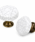 Six Pack Vintage Cabinet Knobs with White Crackled Ceramic and Antique Brass Base for Farmhouse Kitchen Cabinets Dresser Drawers