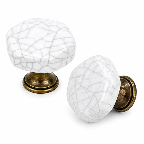 Six Pack Vintage Cabinet Knobs with White Crackled Ceramic and Antique Brass Base for Farmhouse Kitchen Cabinets Dresser Drawers