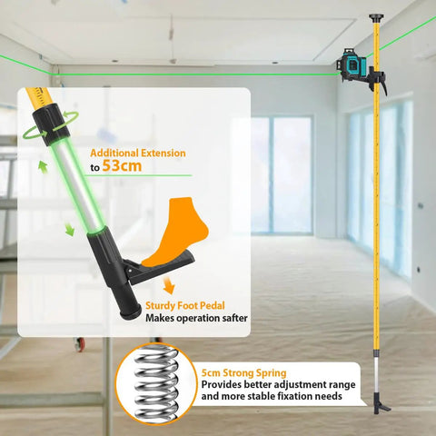 Telescoping Laser Level Pole With Adjustable Tripod Mount Up To Three Point Seven Meters Or Twelve Point One Four Feet For Rotating Laser Levels Includes Quarter Inch By Twenty Inch Laser Pole Mount And Five Eighths By Eleven Adapter Nut in room setup