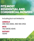 Compatibility list for lawn mower blades including Arnold, MTD, Rotary with text on a green grass background.