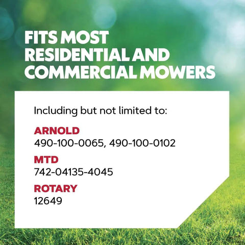 Compatibility list for lawn mower blades including Arnold, MTD, Rotary with text on a green grass background.