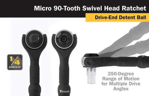 1/4-Inch Drive Micro Swivel Head Ratchet Built Tough, visible heads and handles, showing 90-Tooth mechanism, chrome vanadium material.