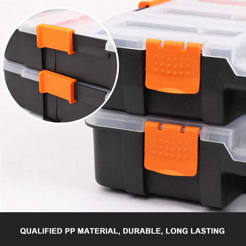 Interlocking Tool Box Organizer Set for Fasteners, Hardware, and Crafts with black and orange lids, side view of 2-piece pack.