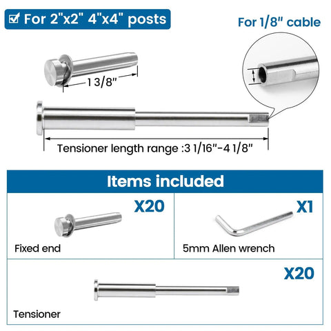 Contents of Invisible Cable Railing Kit With Swage Tensioners And Hidden Terminals, including tensioners, fixed ends, and Allen wrench.