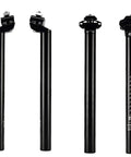Aluminum Bicycle Seat Post 25.4mm By 300mm Adjustable For MTB Road Bike BMX Built Tough Lightweight One Piece Alloy Seat Post With Strong Clamp And Extra Long Reach For Better Saddle Fit, shown in two angles with clamp details.