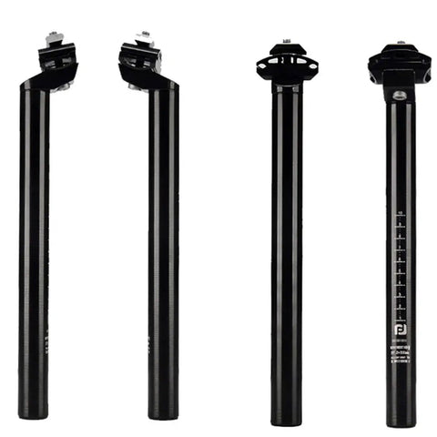 Aluminum Bicycle Seat Post 25.4mm By 300mm Adjustable For MTB Road Bike BMX Built Tough Lightweight One Piece Alloy Seat Post With Strong Clamp And Extra Long Reach For Better Saddle Fit, shown in two angles with clamp details.