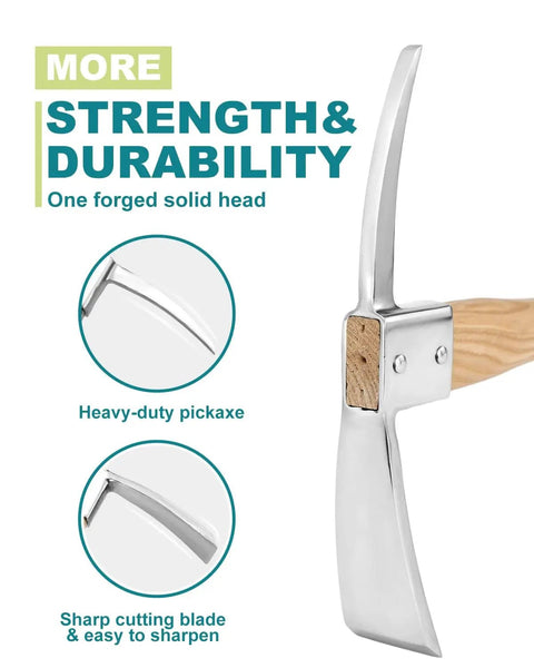 Close-up of 2 In 1 Garden Axe And Hoe Tool With Hardwood Handle, showing the 15 inch steel head for digging and trenching.