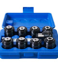 Premium 9 Piece GT12 ANSI Tap Torque Collet Set Fits M16R Electric Tapping Machine in blue case, includes various sizes.