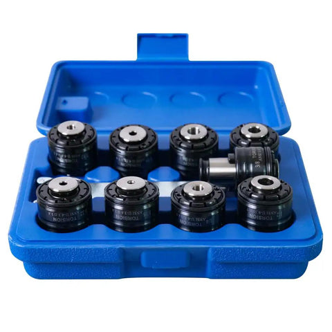 Premium 9 Piece GT12 ANSI Tap Torque Collet Set Fits M16R Electric Tapping Machine in blue case, includes various sizes.