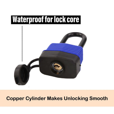 Close-up of a blue and black laminated steel lock with waterproof lock core, part of Beefy 4 Pack Keyed Alike Padlocks With Long Shackle Laminated Steel Construction Chrome Finish Same Key Opens All Locks 1 9 16 Inch Wide Body Heavy Duty Padlock Set For Home Garage Locker Security.