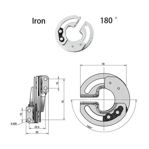 Diagram of concealed sector sliding hinge rotary door with 180 degree limit and locking mechanism, iron material, dimensions labeled.