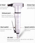 Diagram of Beefy Pneumatic Sheet Metal Cutter Handheld Air Nibbler with labeled features, including cutter head and grease cap.
