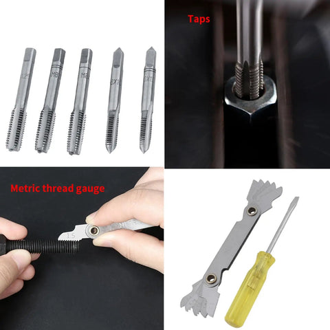 Must-Have 32 Piece Metric Thread Tap And Die Set For Garage Pros. Heavy Alloy Steel M3 To M10 Hand Threading Repair Kit Includes Wrenches Gauge And Tool For Serious Workshop Metalworking Jobs Today. metric taps, die, gauge, and wrench