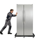 Heavy Duty Furniture Dolly With 2000 Lbs Capacity Steel Panel Heavy Load Moving Cart under a refrigerator, six swivel casters visible.