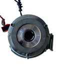 Electromagnetic brake holding assembly, round metal housing with toothed inner bore and red/black wiring connector